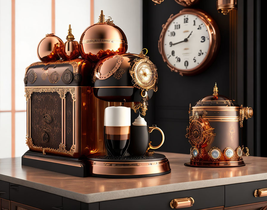 Steampunk-themed copper espresso machine and grinder on kitchen counter.