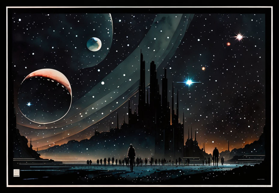 Futuristic sci-fi landscape with silhouetted figures and cosmic elements