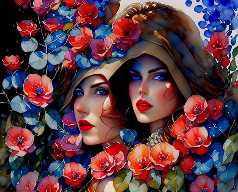 Digital artwork featuring two intense women surrounded by stylized flowers