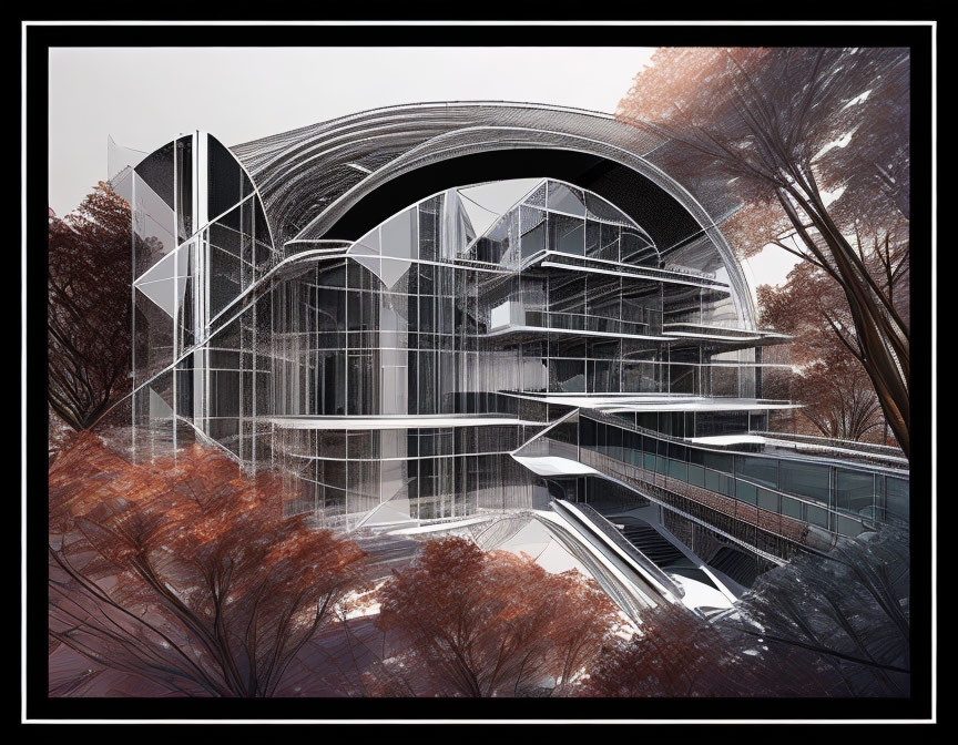 Modern building with curved glass facade in autumn setting