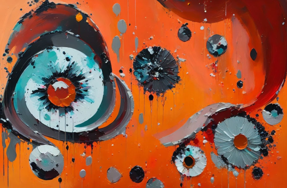 Vibrant orange abstract painting with stylized eye and splatters in black and white