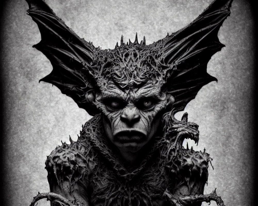 Monochrome artwork of menacing creature with bat-like ears and textured skin