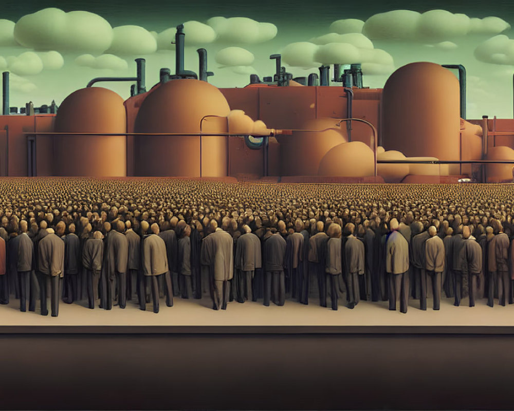 Identical Figures in Suits Facing Industrial Complex Under Greenish Sky