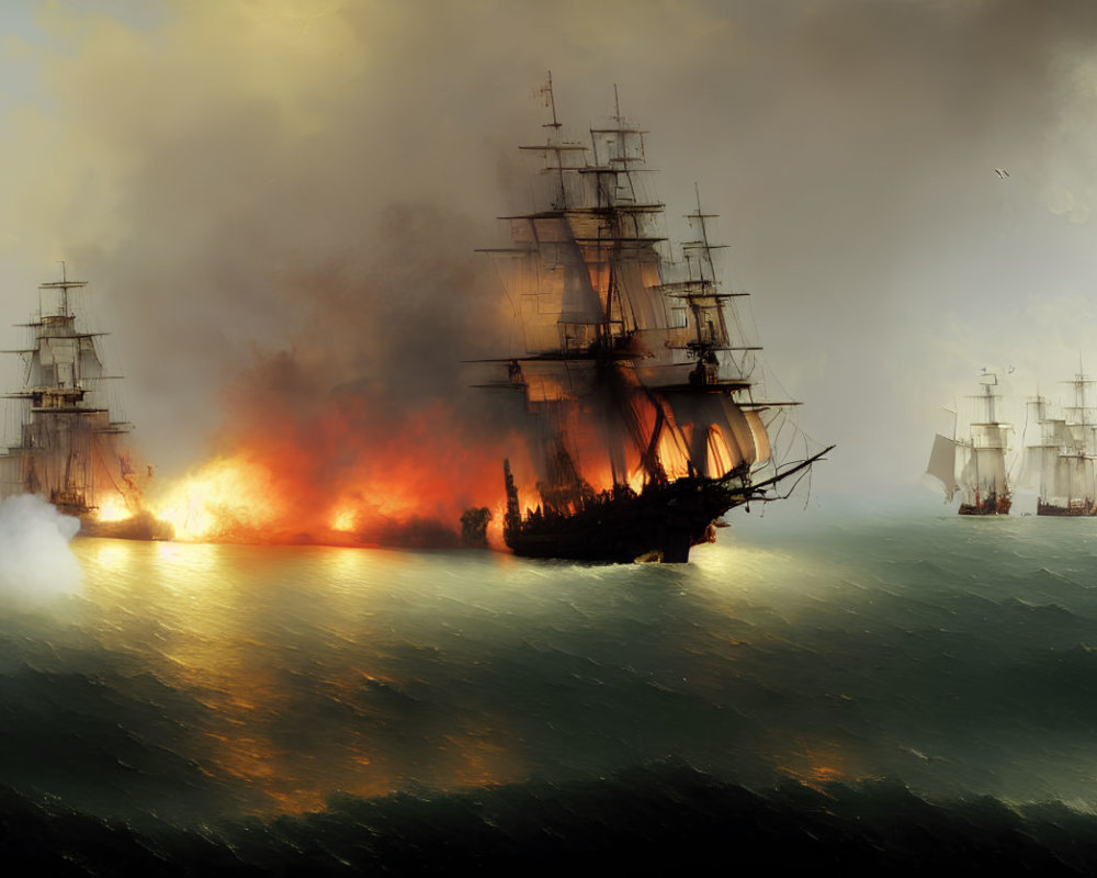 Warships in fiery naval battle on stormy seas