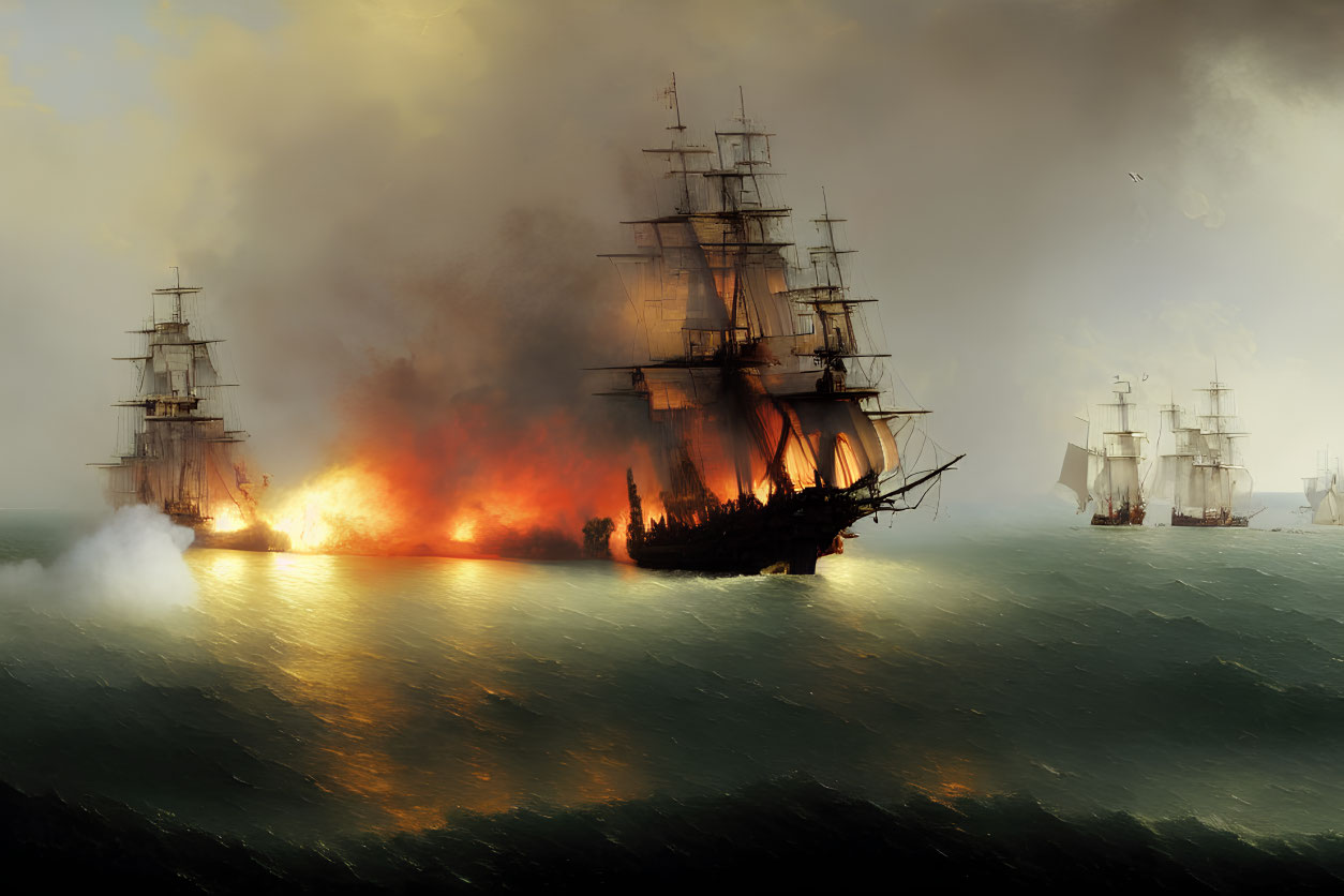 Warships in fiery naval battle on stormy seas