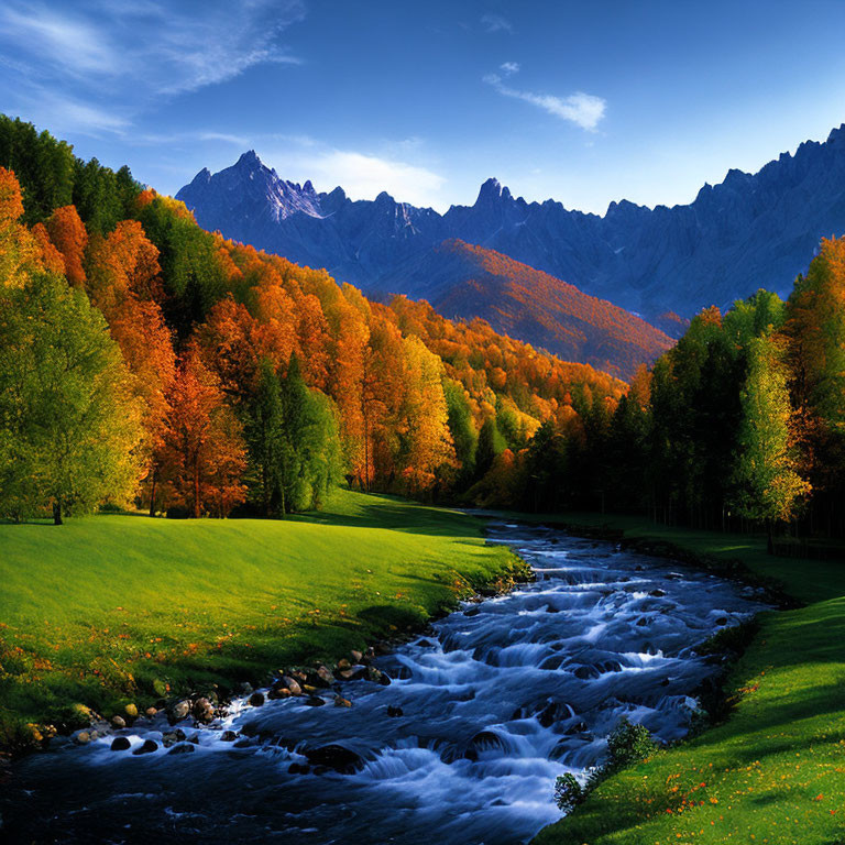 Colorful autumn landscape with rushing stream, trees with orange and green foliage, mountains, blue sky