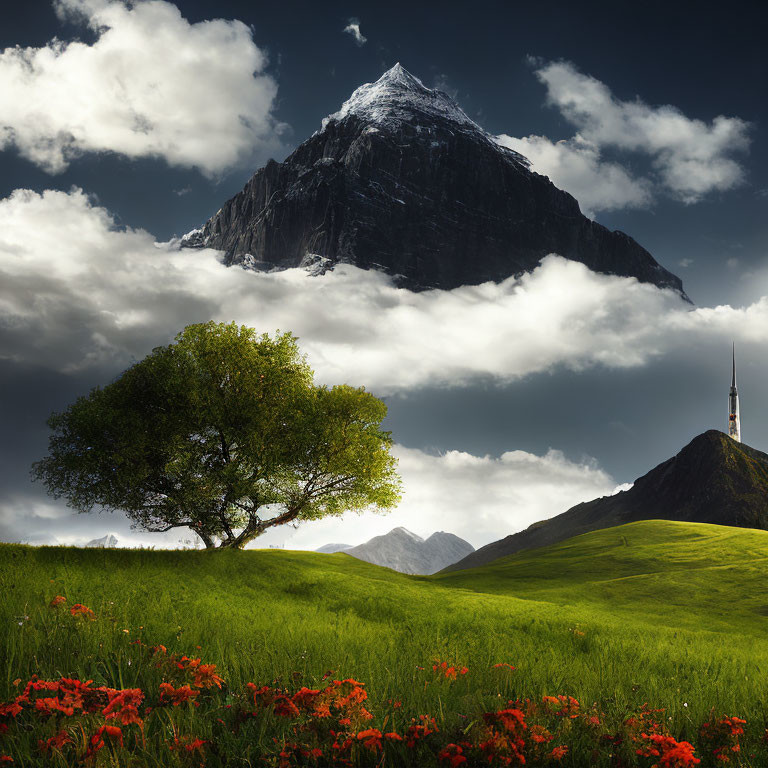 Scenic landscape with lone tree, red flowers, and mountain peak