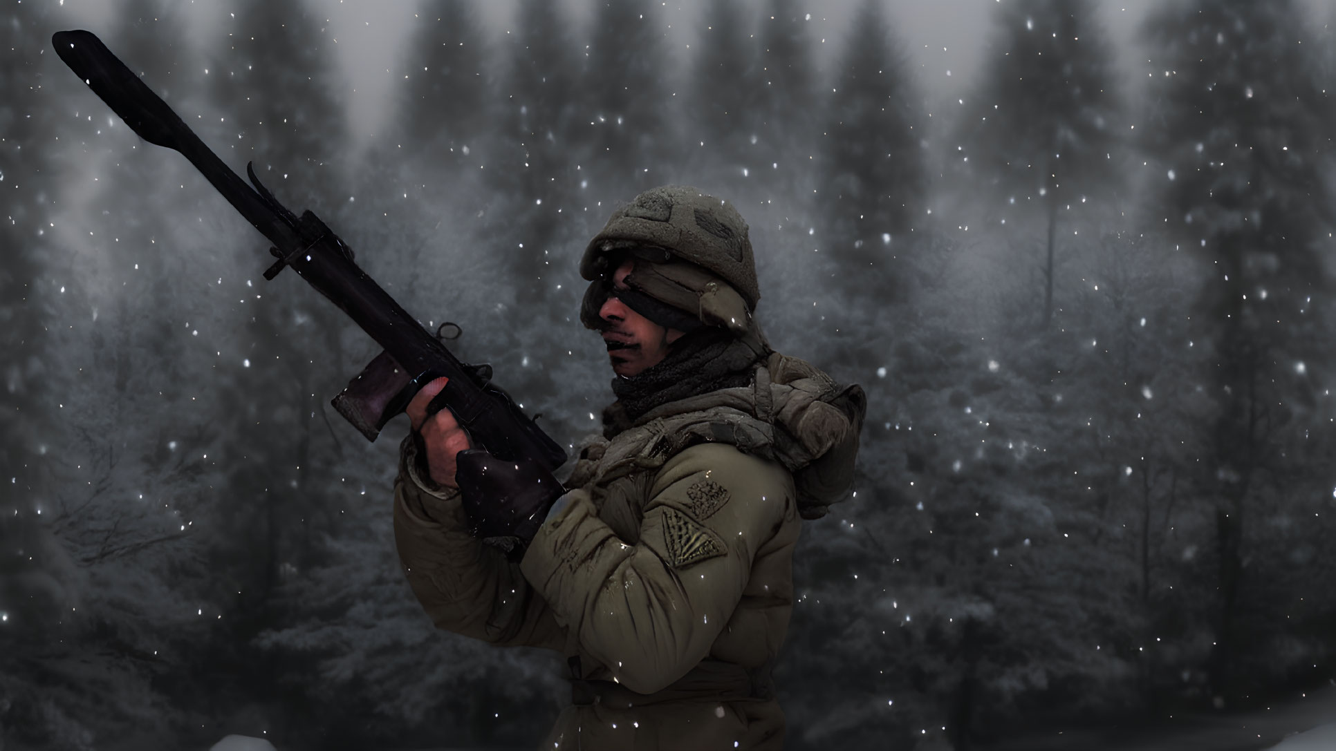 Soldier in Winter Gear Holding Rifle in Snowy Forest