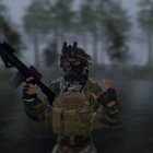 Soldier in Winter Gear Holding Rifle in Snowy Forest