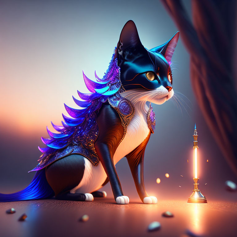 Digital artwork: Majestic black and white cat with blue fantasy wings and ornate armor on glowing backdrop