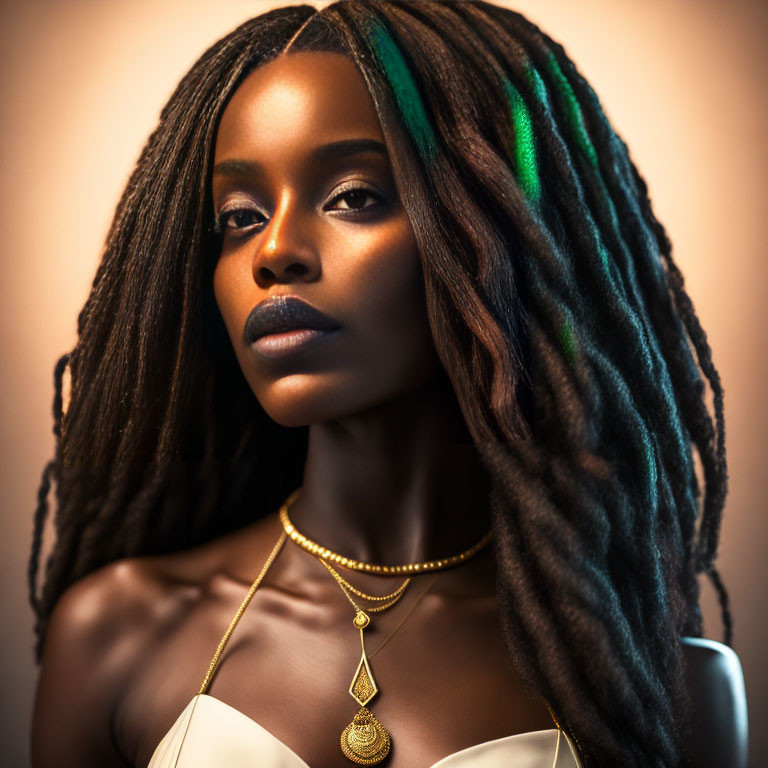 Portrait of woman with long dreadlocks and gold necklace on warm-toned backdrop