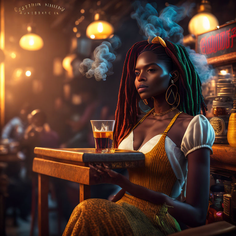 Red Dreadlocked Woman Sitting at Bar with Drink in Moody, Dimly Lit Ambiance