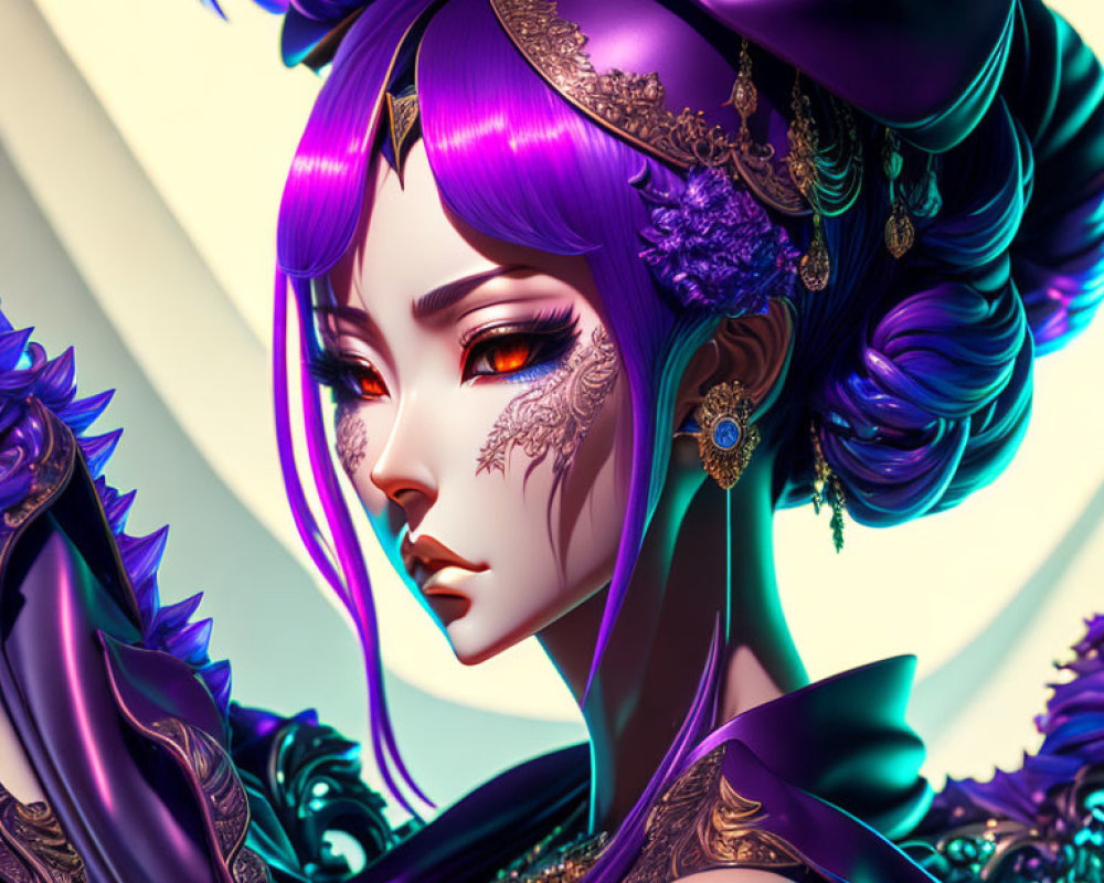 Regal female character with purple skin and intricate gold accessories