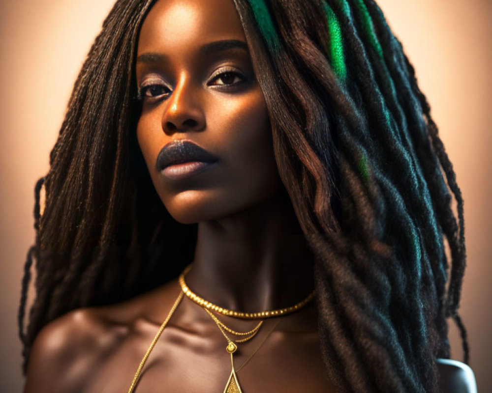 Portrait of woman with long dreadlocks and gold necklace on warm-toned backdrop