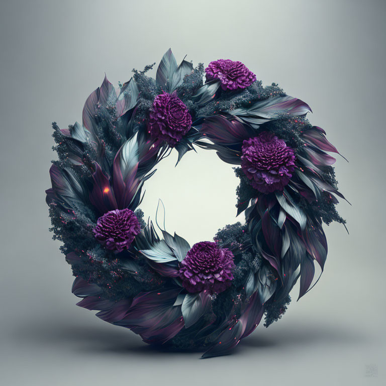 Dark Feather and Purple Flower Decorative Wreath on Neutral Background