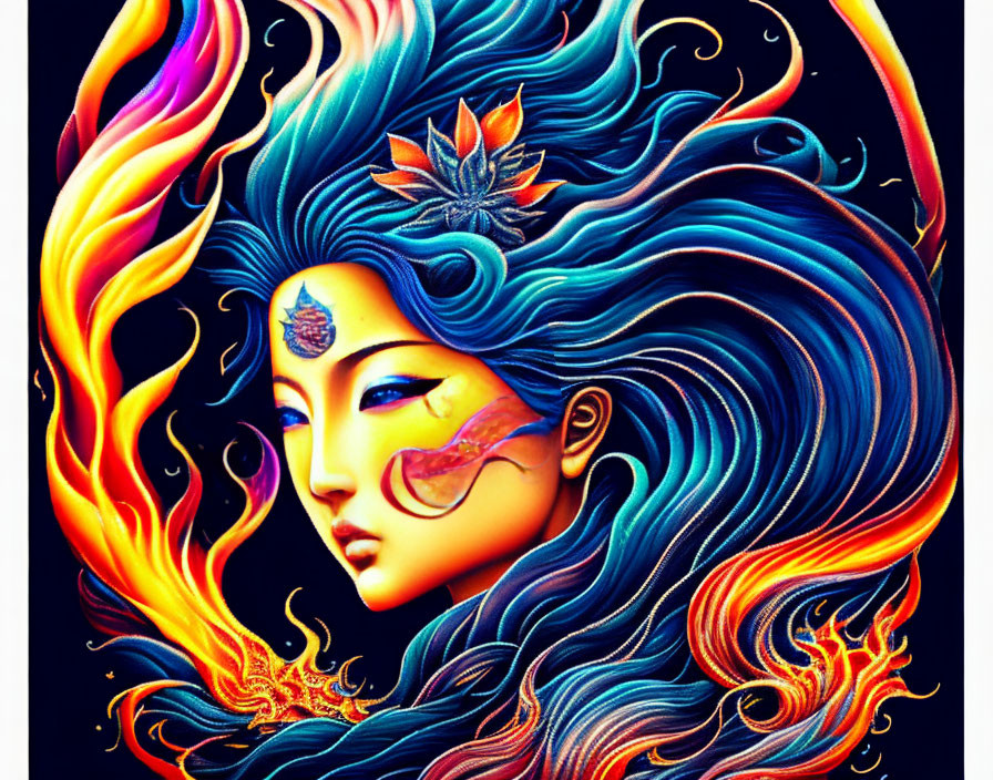 Illustration of woman with blue and orange hair, lotus flowers, serene expression