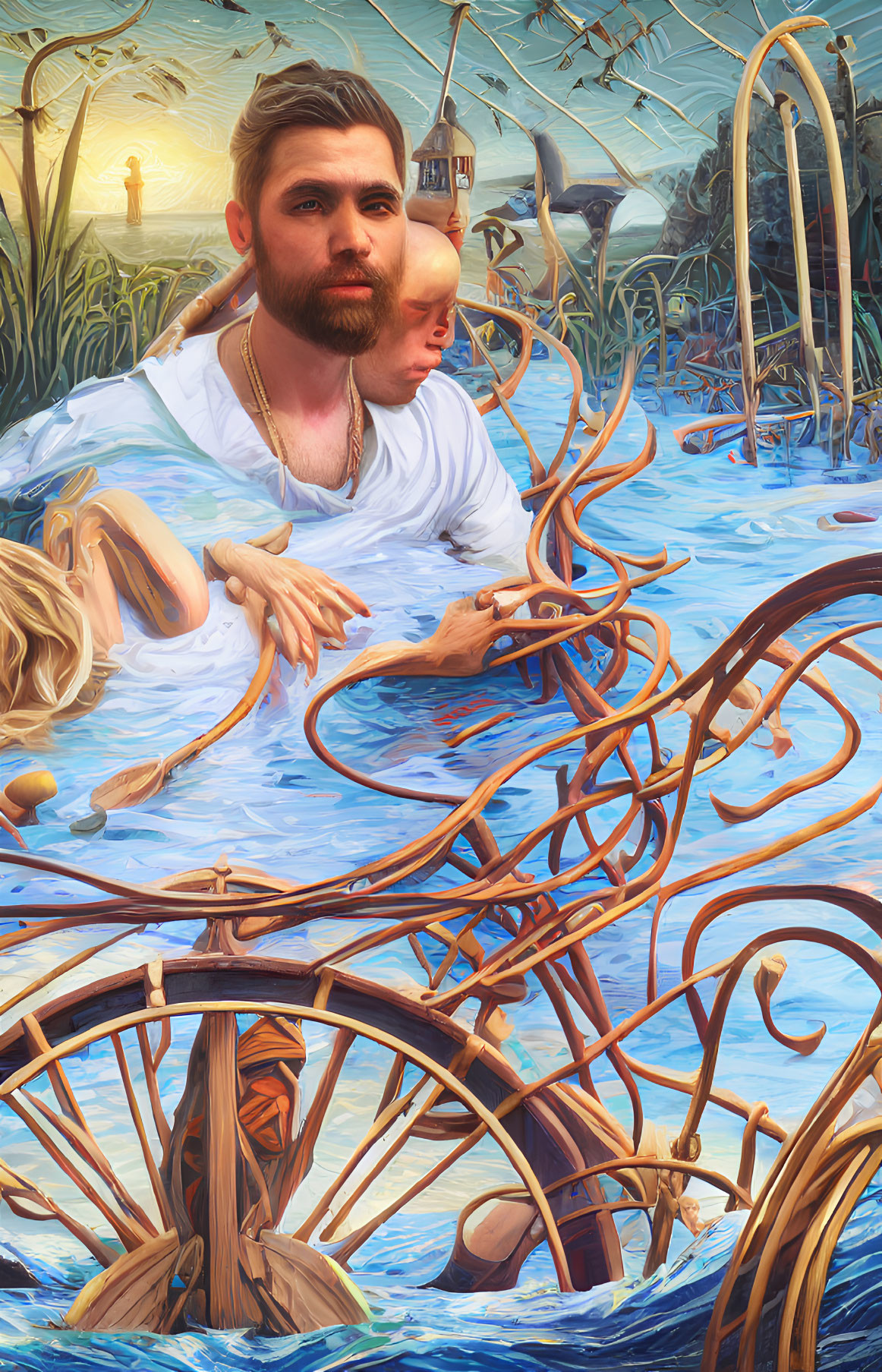 Surreal portrait of man with reflective expression in water, twisted wooden structures, second face on shoulder