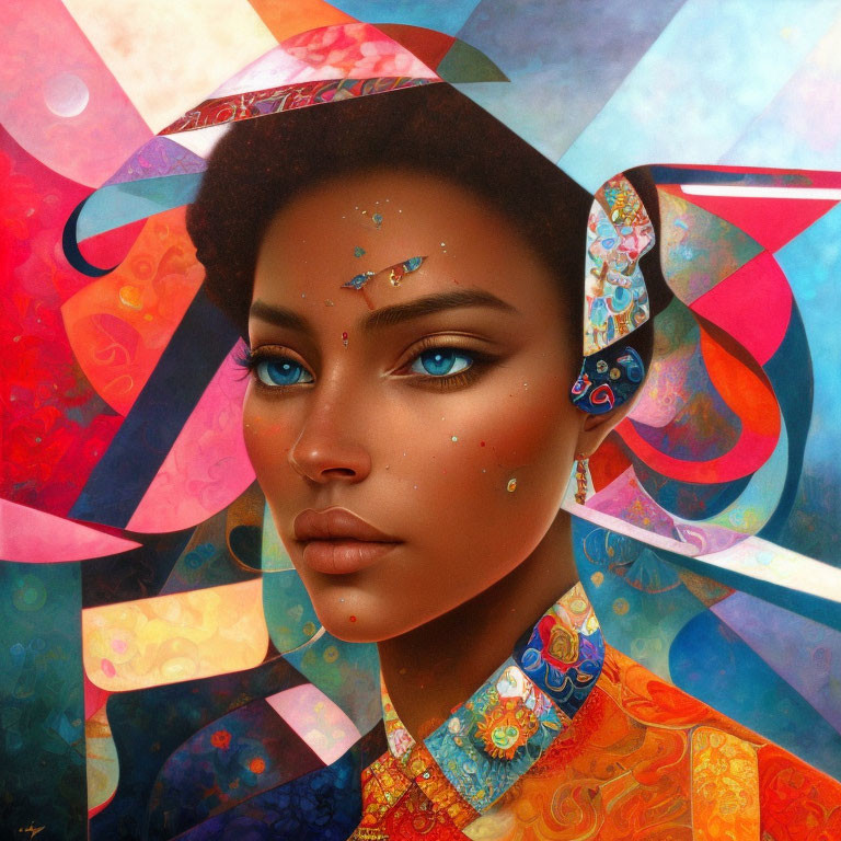 Colorful digital portrait of a woman with blue eyes and geometric patterns in ornate clothing