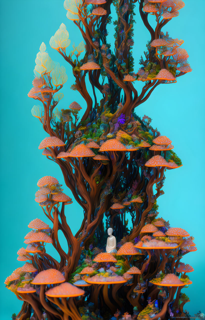 Whimsical tree-like structure with mushroom canopies and vibrant orange hues against teal background