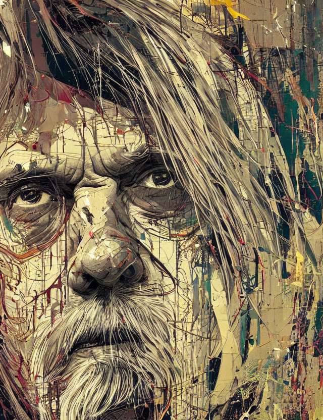 Abstract portrait of a man with intense eyes, disheveled hair, and thick beard against colorful paint