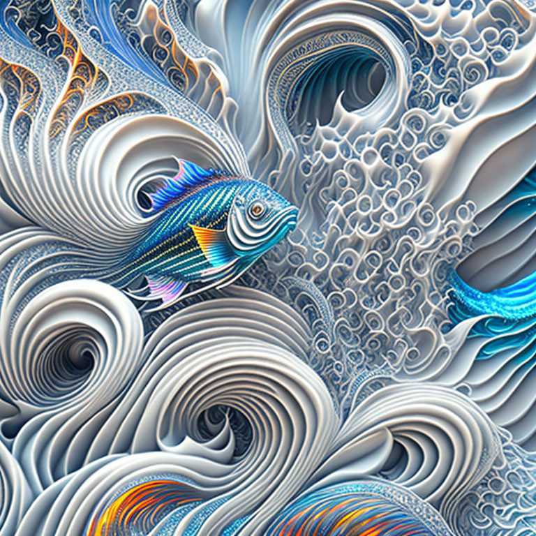 Colorful Stylized Fish Swimming in Abstract Blue and White Waves