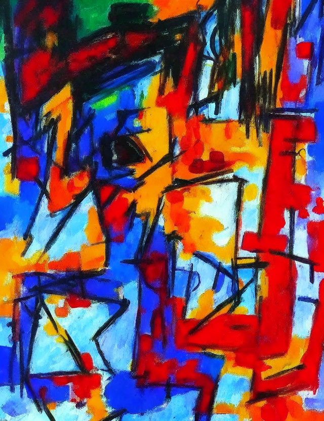 Vibrant Abstract Painting with Bold Blue, Red, and Yellow Colors