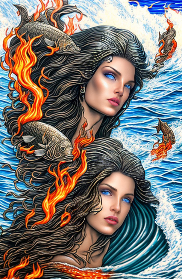 Vibrant Twin Female Figures with Fish in Colorful Illustration