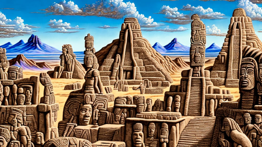 Surreal anthropomorphic sandstone formations in a carved landscape