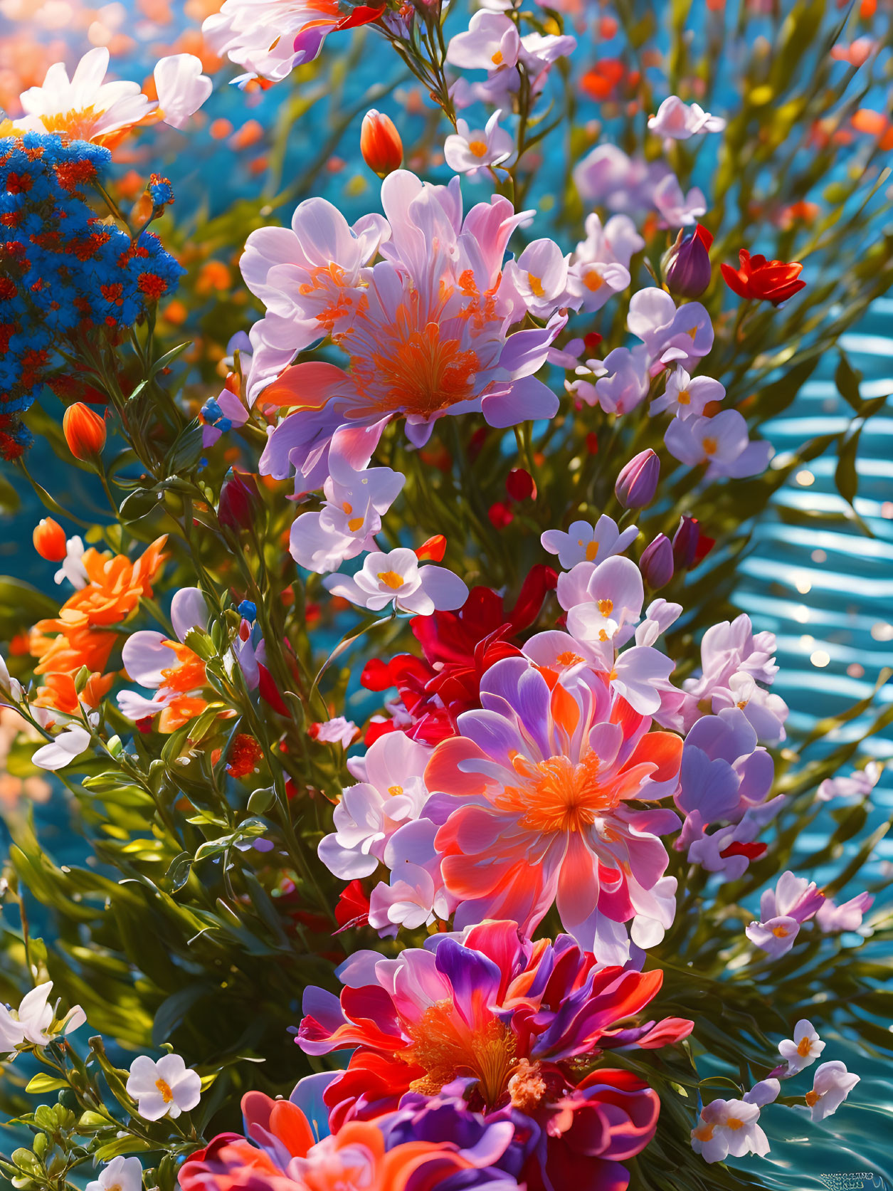 Colorful Pink, Orange, and Blue Flower Bouquet in Sunlight