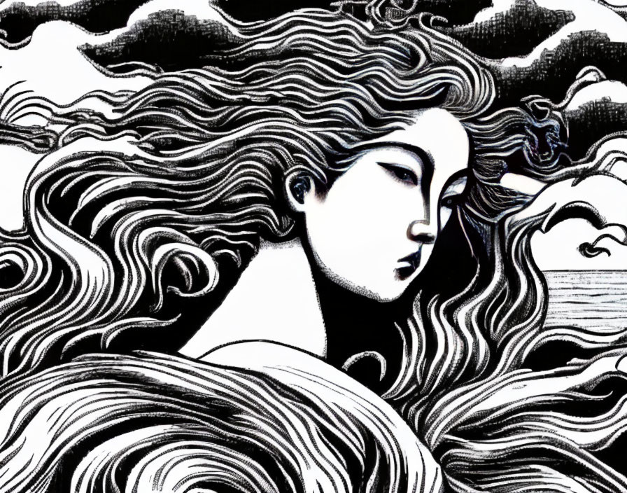 Monochrome illustration of woman with flowing hair in sea setting