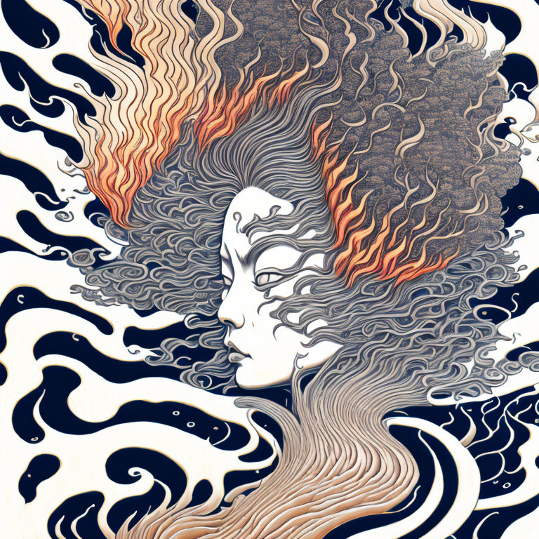 Woman with flowing hair merging into wave-like patterns in orange and red hues against blue and white background