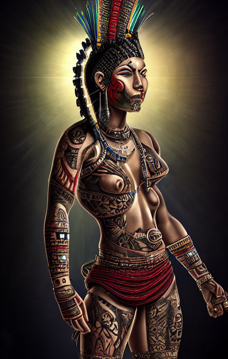 Detailed illustration of person with intricate body tattoos and cultural adornments wearing feathered headdress and beaded