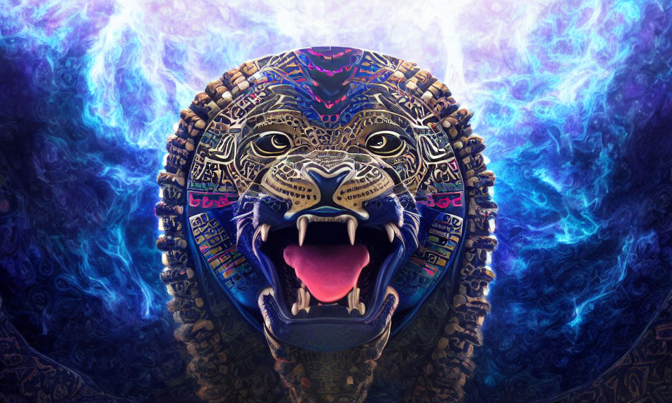 Colorful digital art: fierce jaguar head with tribal patterns on cosmic background