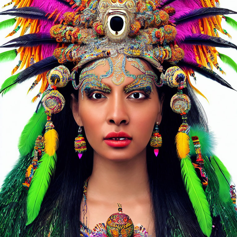 Colorful headdress and ornate jewelry on woman against white background