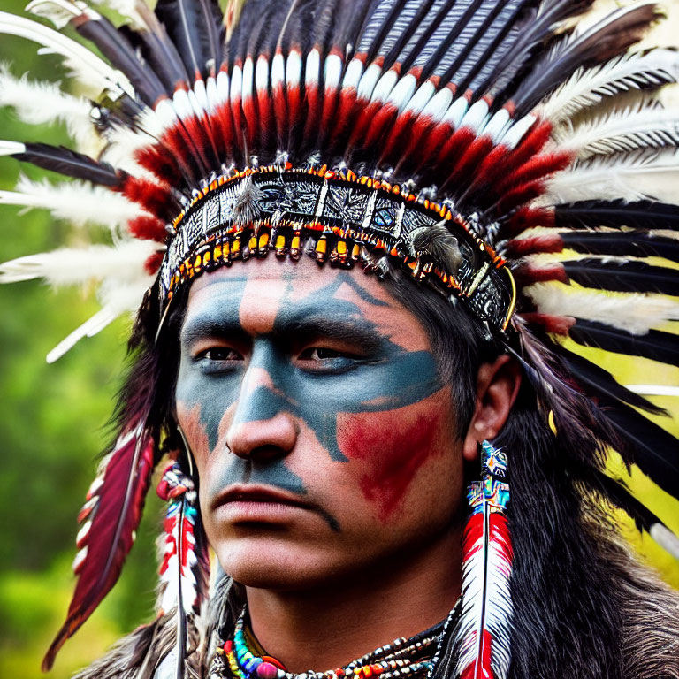 Traditional Native American headdress with feathers, face paint, and beadwork on a person.