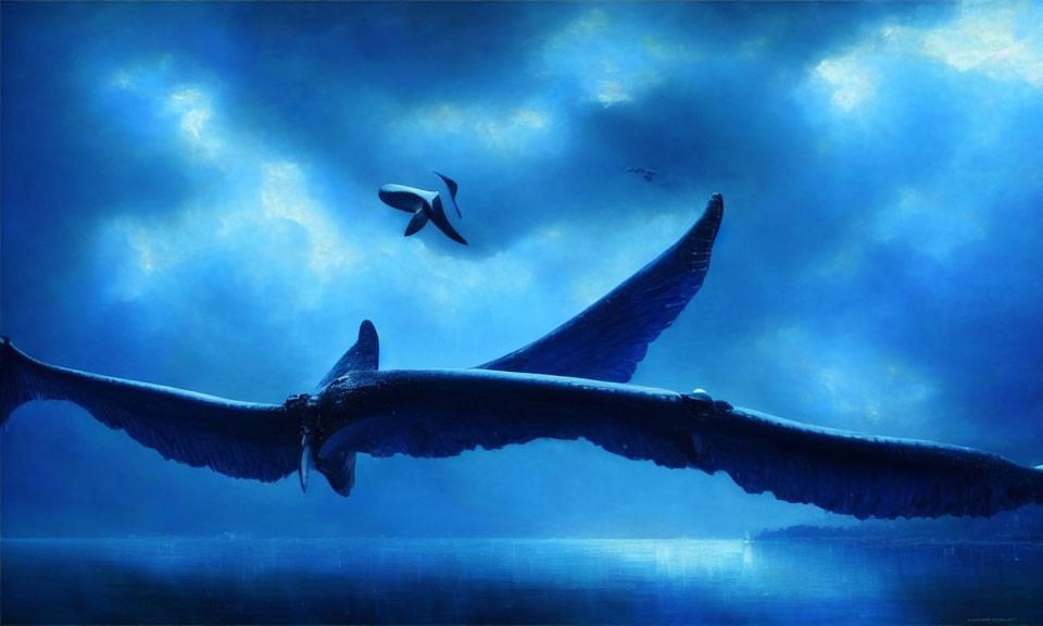 Giant whale and bird in surreal ocean scene under moody blue sky