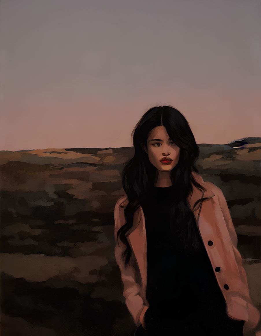 Young woman with black hair in blush jacket standing in dusky landscape