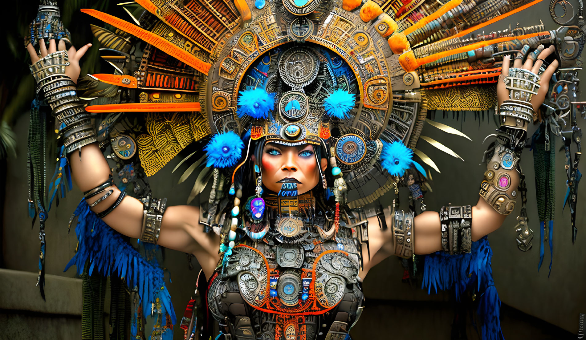 Elaborate Aztec-inspired headdress and jewelry with feathers, beads, and metalwork.