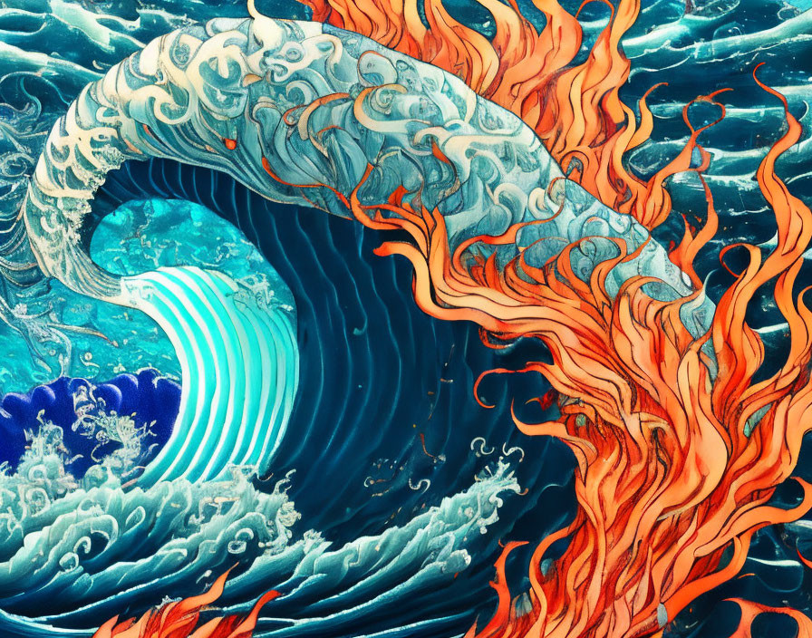 Dynamic Wave Artwork: Vibrant Blue Wave Amidst Swirling Flames