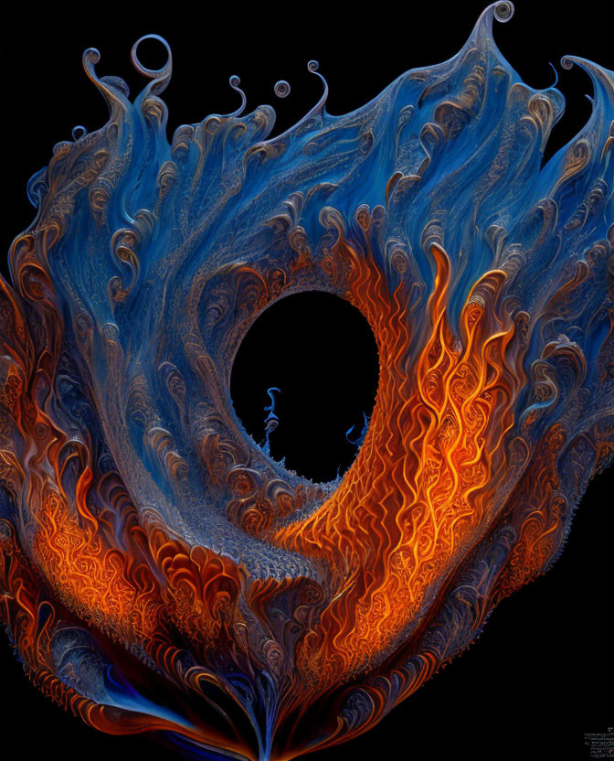 Blue and Orange Swirling Vortex Fractal Art with Flame-Like Patterns