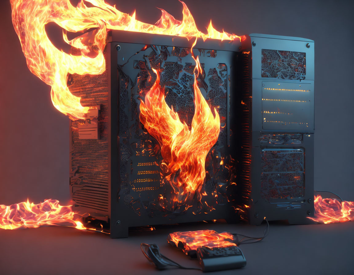 Computer Tower Exposed with Animated Flames and Flaming Hard Drive