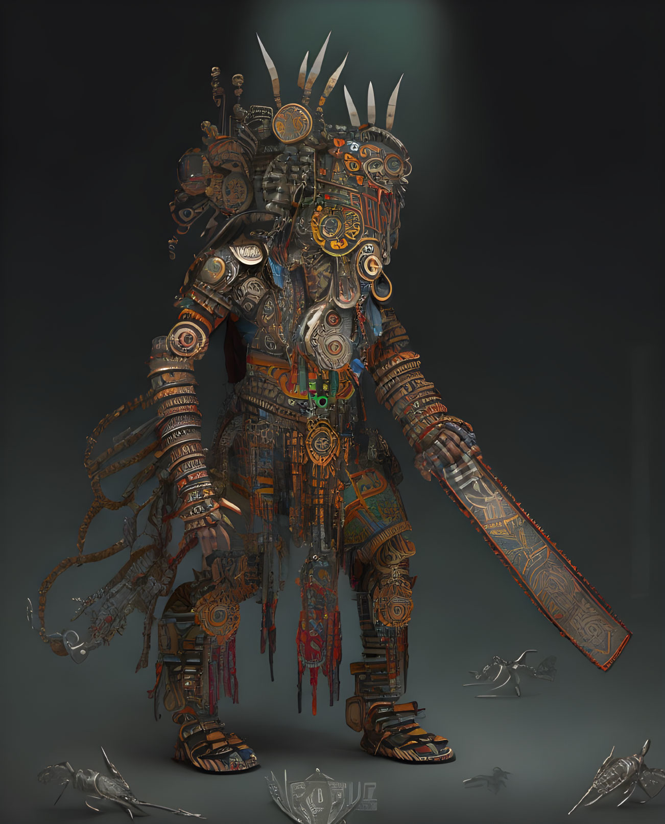 Intricate mechanical warrior with tribal adornments