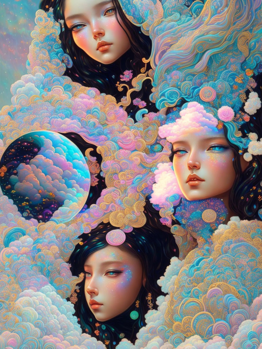 Surreal artwork: Three ethereal female faces in swirling clouds