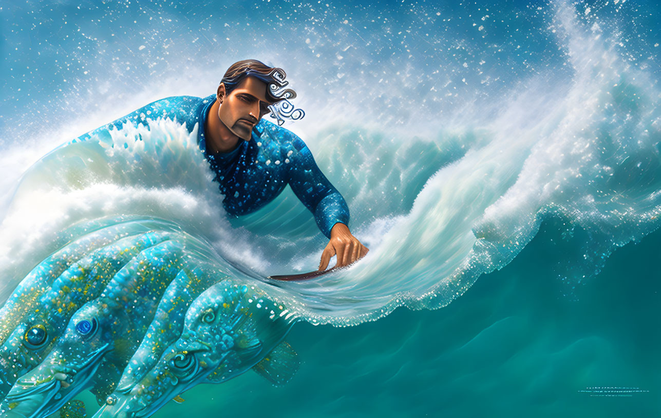 Digital illustration: Man surfing massive wave with stylized blue and green whale.