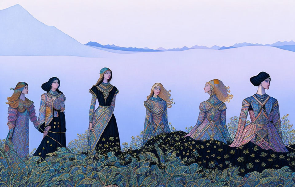 Six stylized women in patterned garments walking against mountain backdrop.