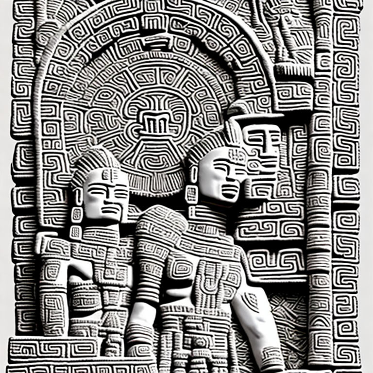 Detailed Stone Carving of Mayan or Aztec Figures and Symbols