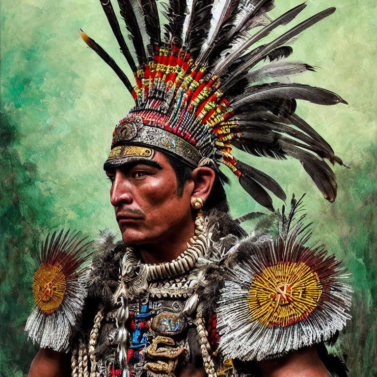 Elaborate traditional indigenous attire with feathered headdress and painted face