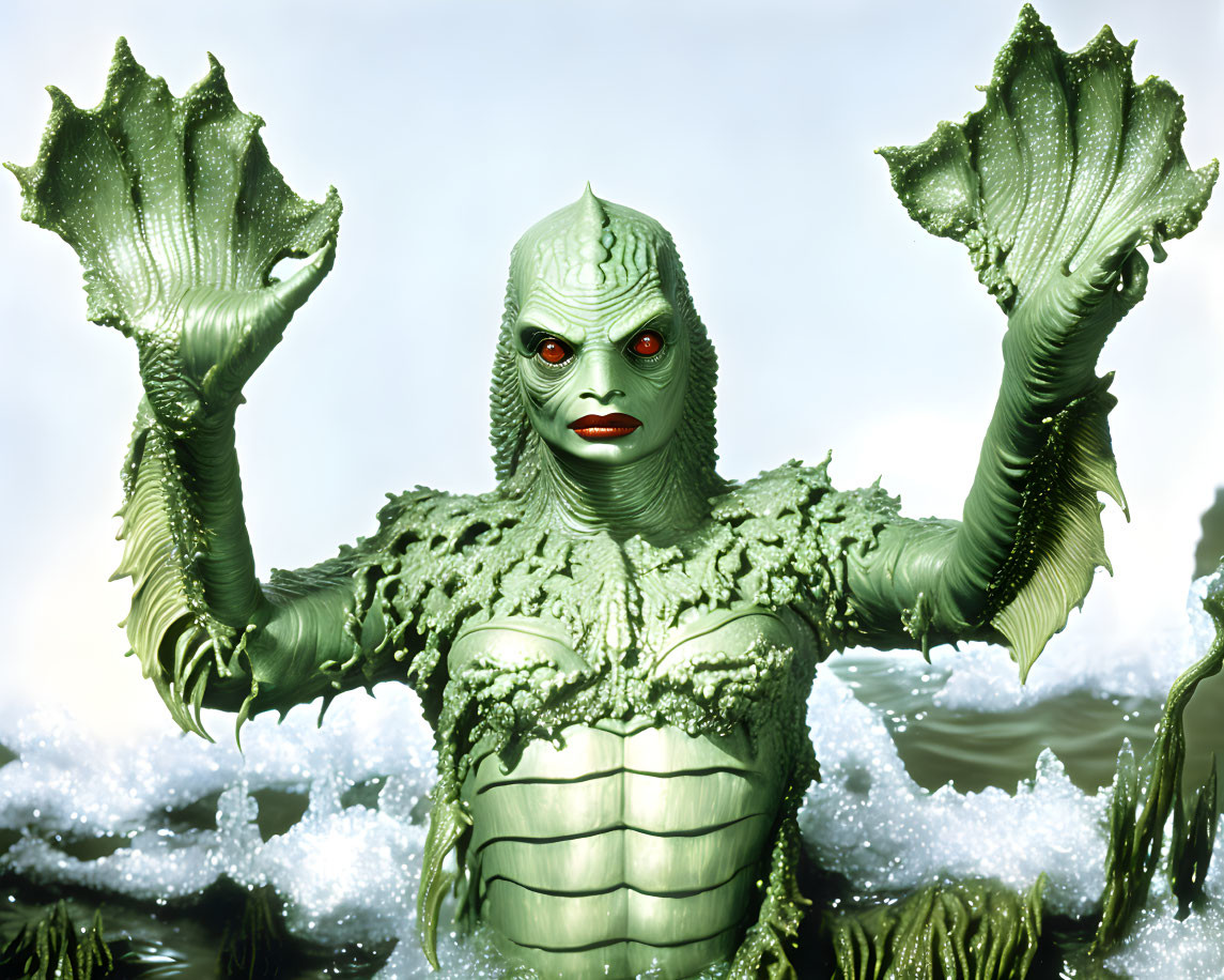 Green scaly creature with webbed hands and red eyes emerging from water