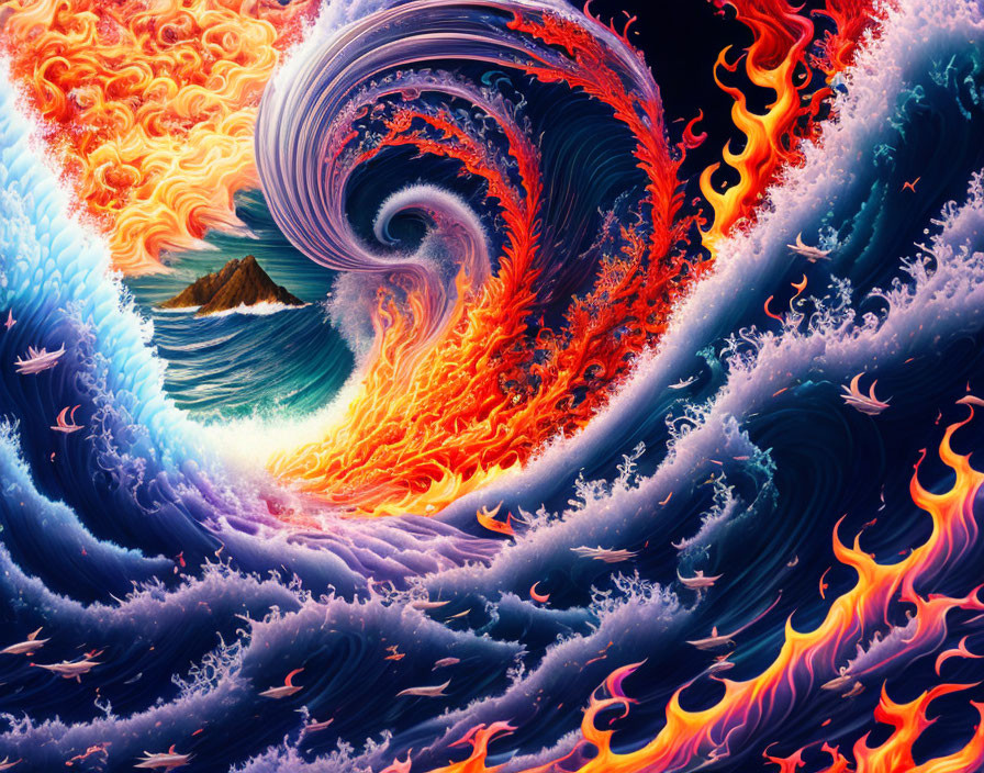 Digital Art: Fiery Wave with Island and Intricate Patterns