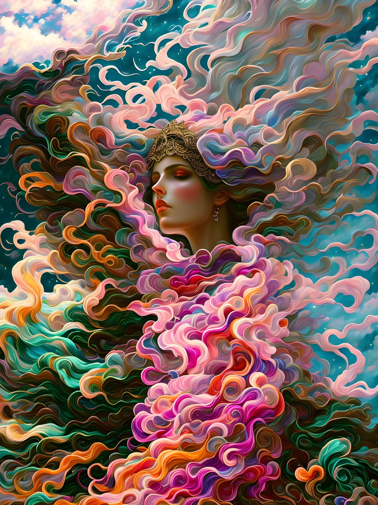 Multicolored hair portrait in surreal sky setting